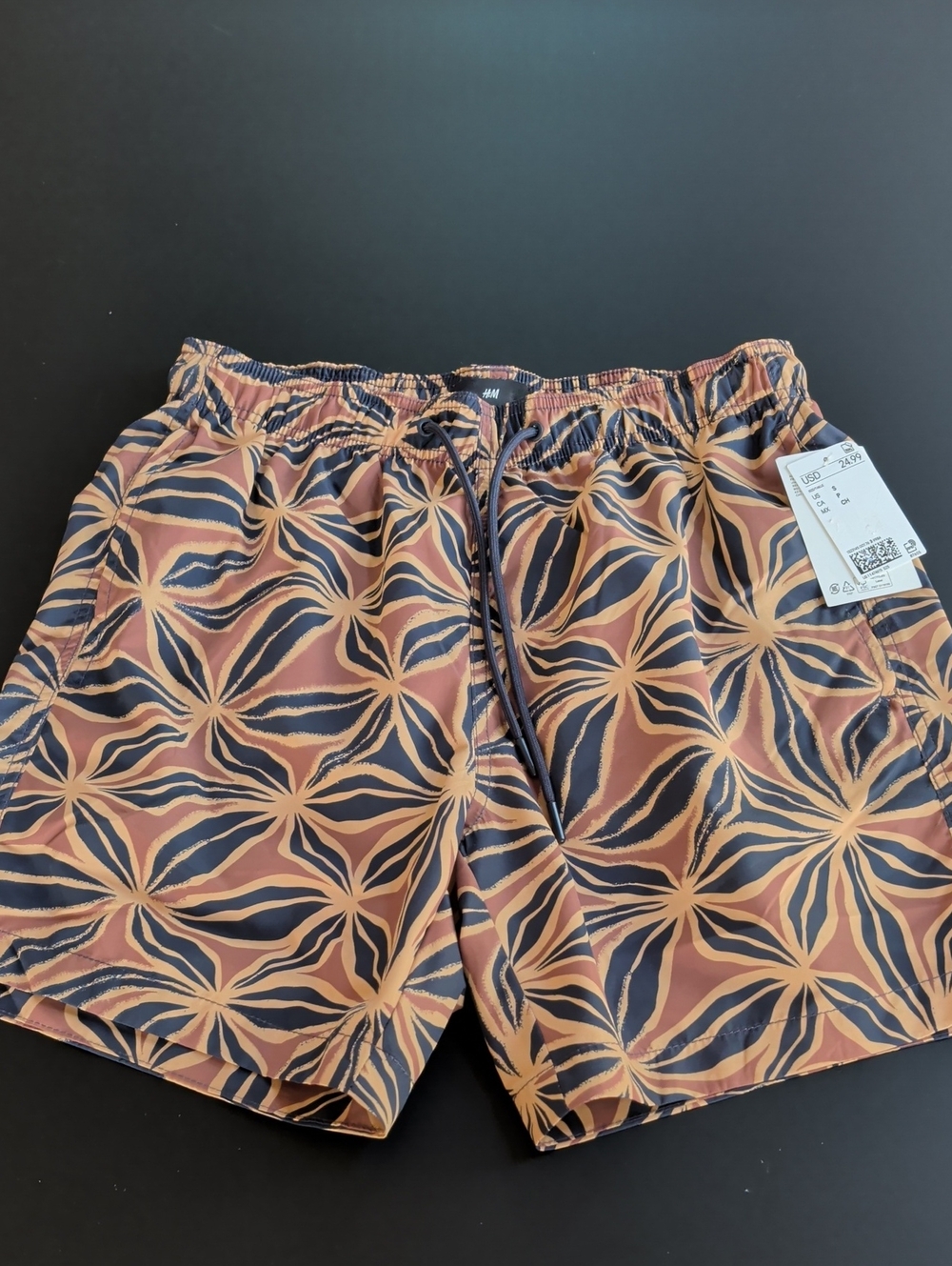 H&M Men’s Navy, Rust & Tan Geometric Floral Swim Trunks